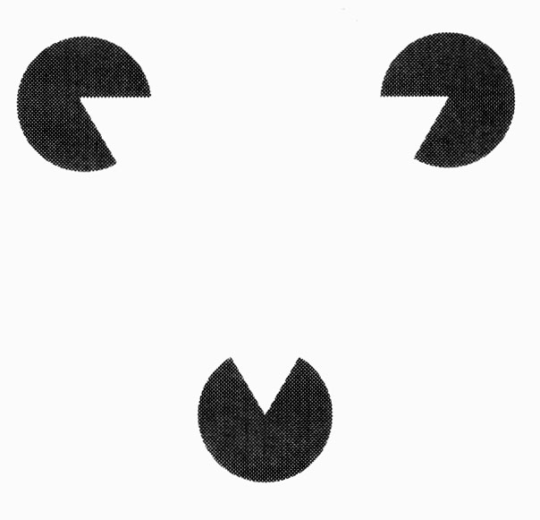 Three black blobs as corners suggest a triangle